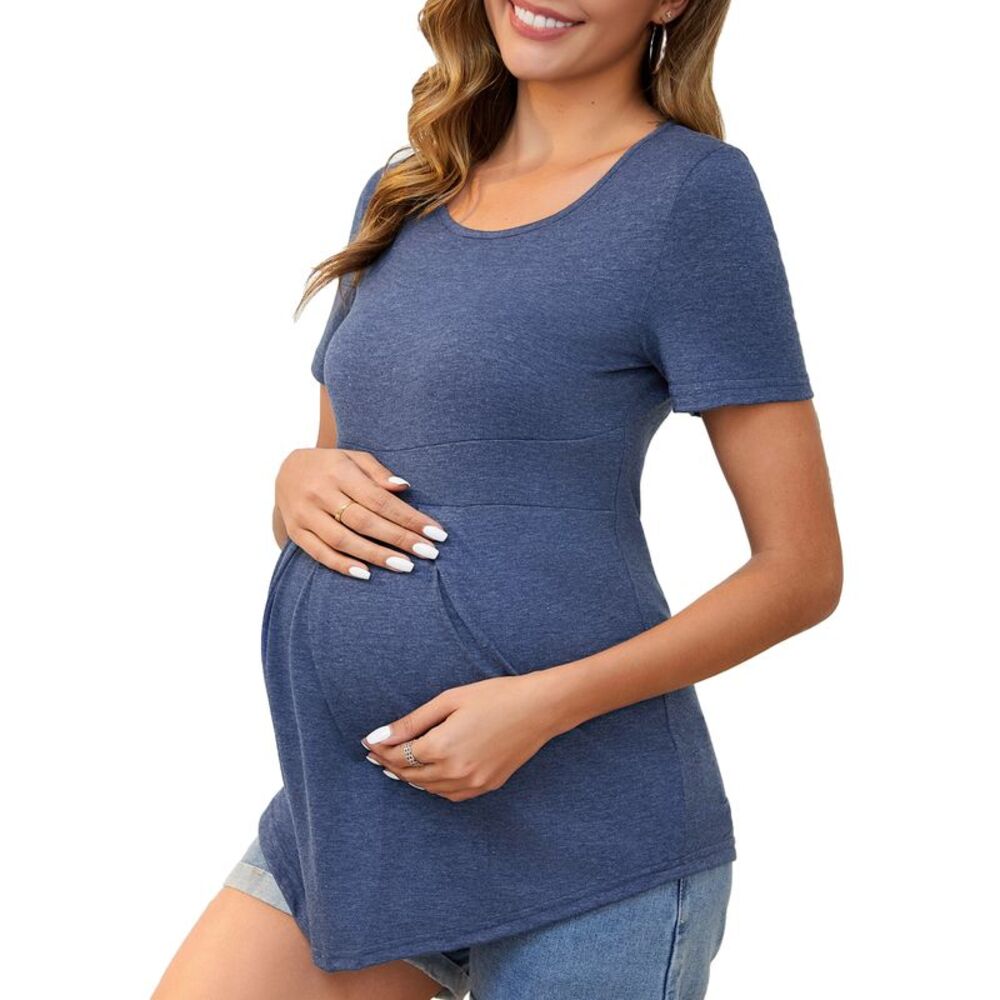 Maternity Short Sleeve Crewneck Wrinkle Design Waist Tiered T-Shirt Blue